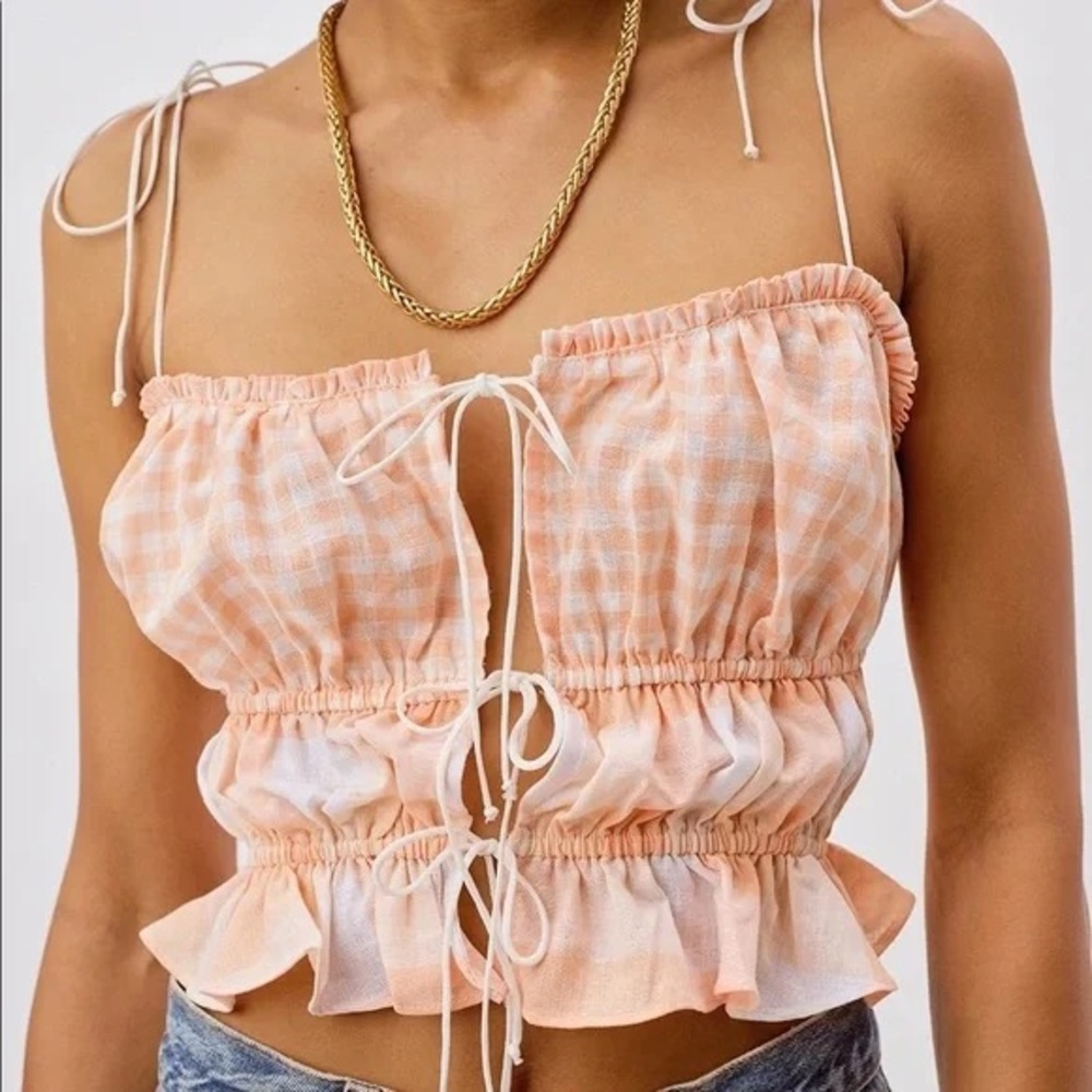 For Love & Lemons Large Allyson Gingham Top Peach Bow Tied Coquette Linen
